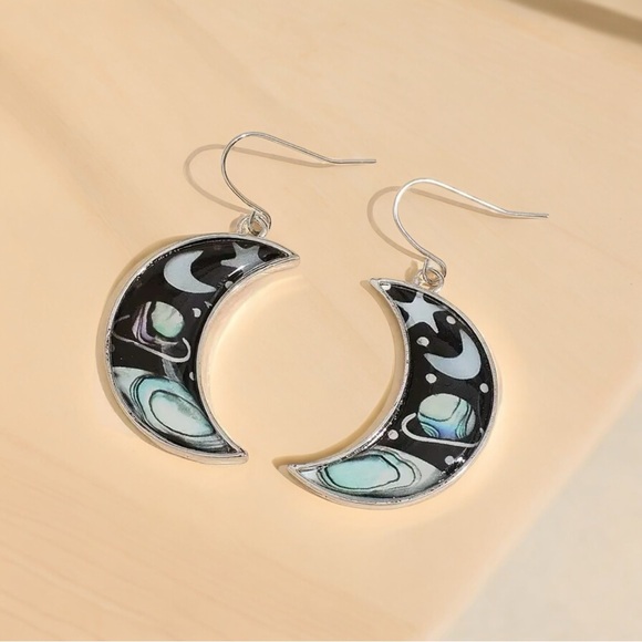 Retro Universe Starry Sky Crescent Hook Earrings Zinc Alloy Silver Plated Trendy - Picture 2 of 9